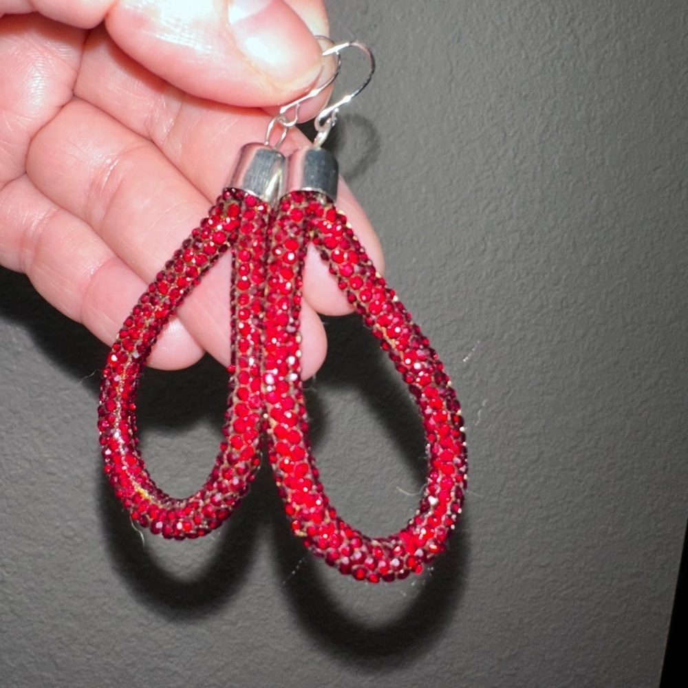Red Crystal Loop Earrings - Picture 2 of 3